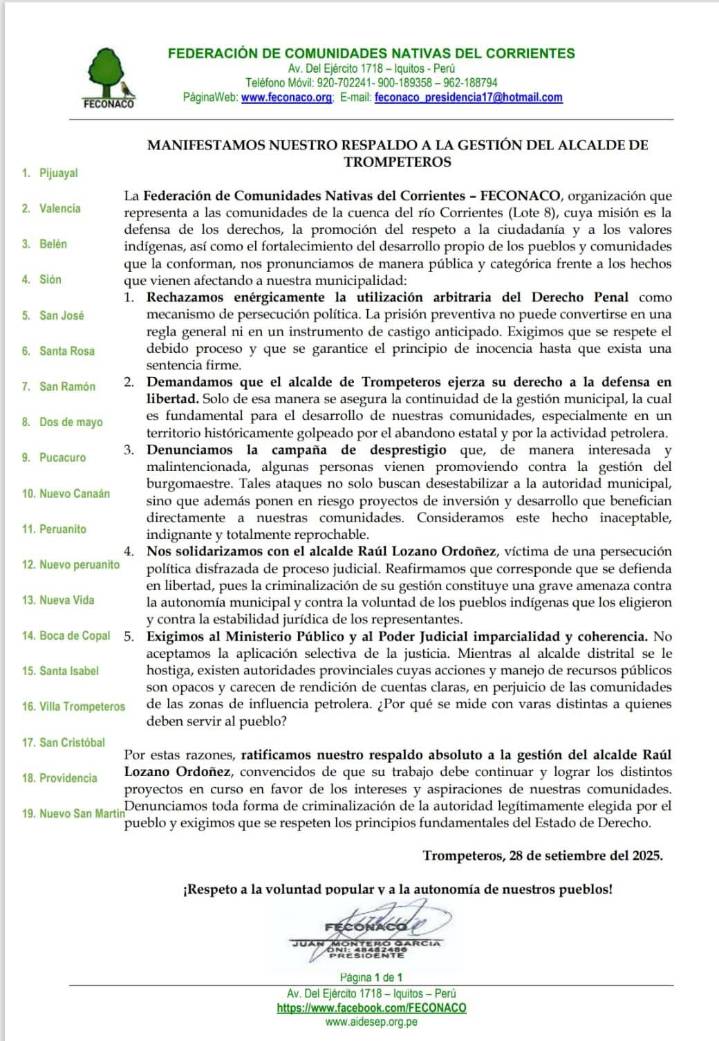 Loreto: Denuncian persecución contra alcalde de Trompeteros