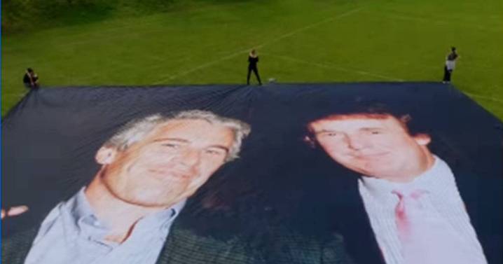 Giant '50ft' photo of Trump and Epstein unfurled just days before President's visit