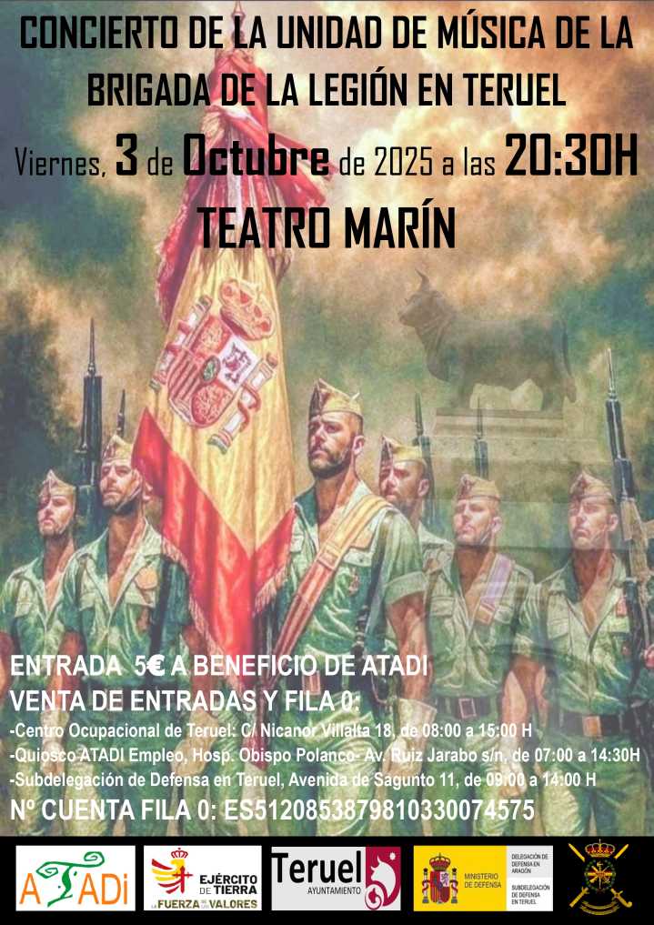 El 3 de octubre Concierto de la Unidad de Música de la Brigada de la Legión en el Teatro Marín de Teruel