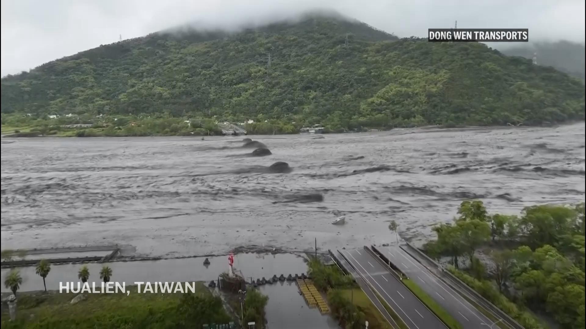 Drone footage of collapsed bridge in Hualien as Ragasa's outer bands pound Taiwan