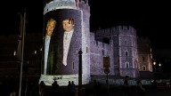Trump and Jeffrey Epstein image projected on Windsor Castle