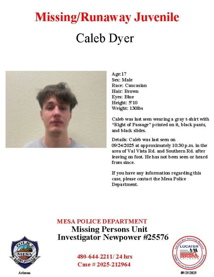 Caleb Dyer, 17, missing from Mesa, police say