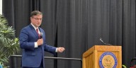 U.S. House Speaker Mike Johnson speaks at Randolph Riverfront Center