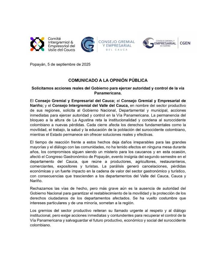 Consejo Gremial y Empresarial de Nariño, Cauca y Valle piden al Gobierno Nacional recuperar control de la vía Panamericana