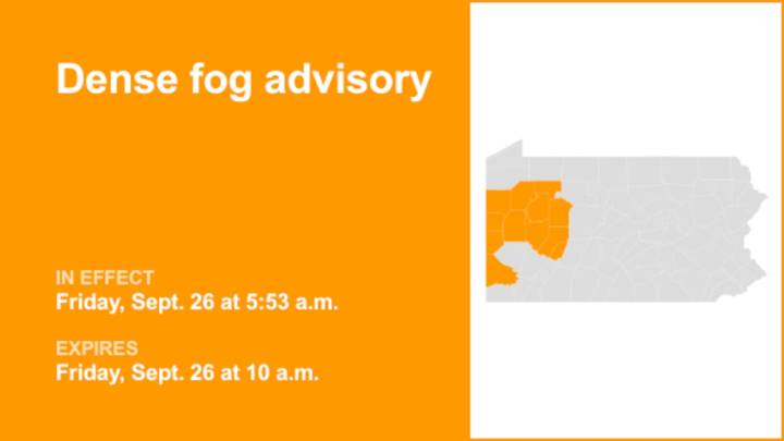 Update: Dense fog advisory for part of Pennsylvania until Friday morning