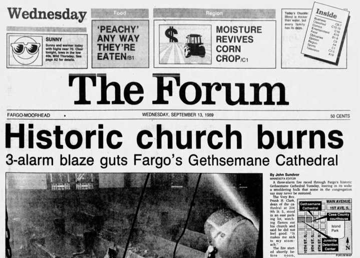 Today in History: Fire guts Fargo’s historic Gethsemane Cathedral