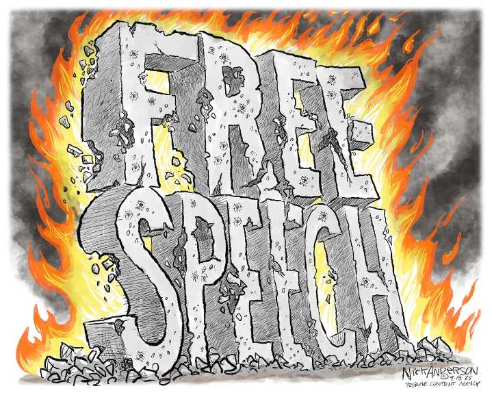 Editorial cartoons for Sept. 21, 2025: Jimmy Kimmel, speech crackdown, vaccine recommendations