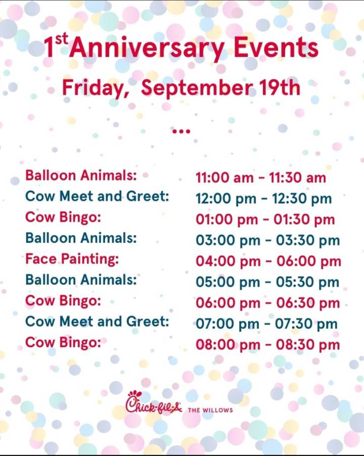 Concord Chick-fil-A Celebrates One Year Anniversary On Friday – Games, Cow Meet & Greet, Balloon Animals, Face Painting & More