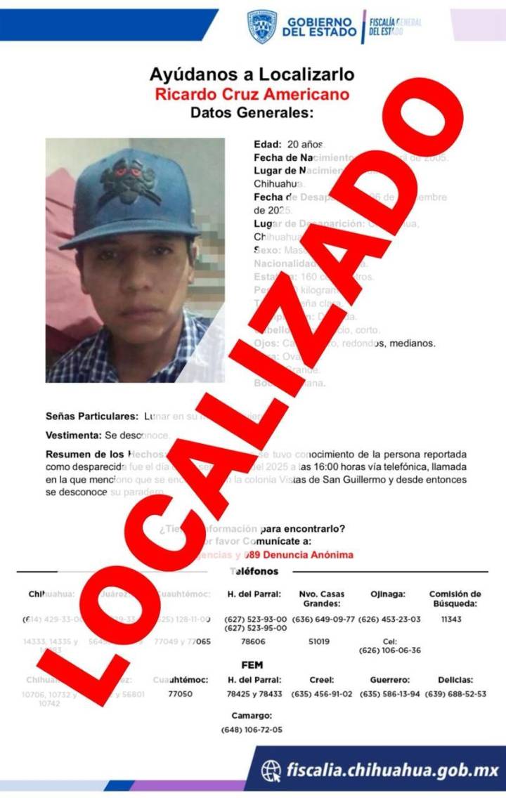 Localizan a joven reportado como desaparecido en Vistas San Guillermo