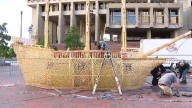 17th-century replica ship going up in flames on Boston's City Hall Plaza