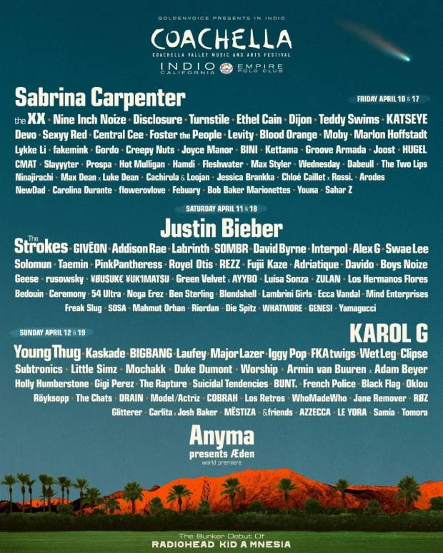 Coachella 2026 full lineup just dropped: Justin Bieber, Sabrina Carpenter and more