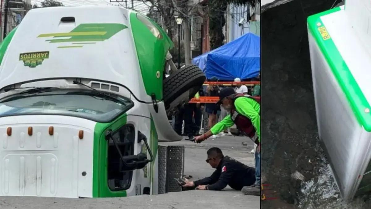 Video muestra el momento exacto en el que un camión se hunde y desaparece en medio de una calle