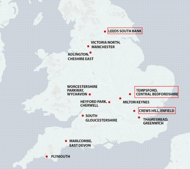 Map shows the twelve ‘new towns’ that could be built under Labour