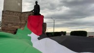 Claudia, no seas cómplice del genocidio: MIR Michoacán con megabanderas