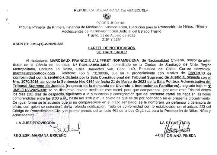 Cartel de notificación al ciudadano: MARCEAUX FRANCOIS JAUFFRET NORAMBUENA, de Nacionalidad Chilena, mayor de edad, titular de la Cédula de Identidad N° RUN-12.058.340-9, domiciliado en la Ciudad de S