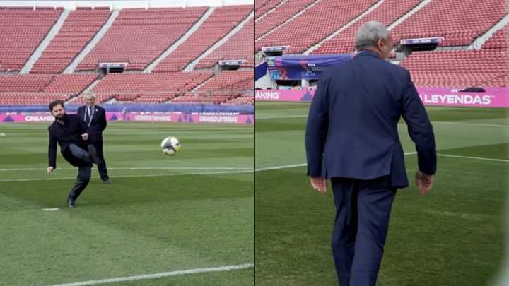 [VIDEO] Dejó parado a Milad: Gabriel Boric pateó un penal en su recorrido por el Nacional