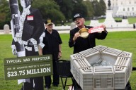 Ben of Ben & Jerry’s chainsaws mini Pentagon on Capitol Hill 