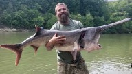 This wild-looking ancient fish took nearly an hour to reel in