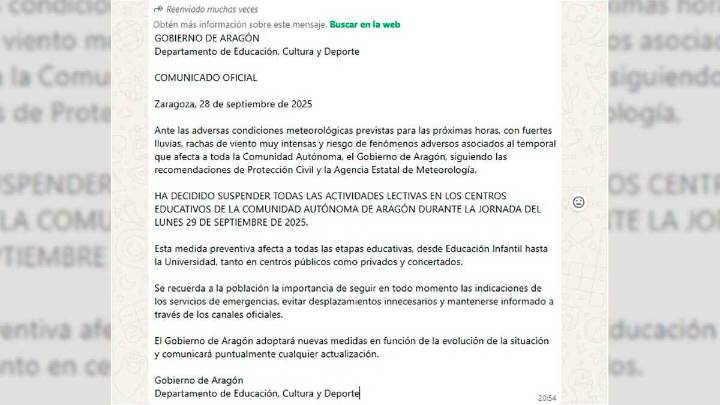 Ojo, bulo: el Gobierno de Aragón no ha suspendido las clases este lunes por el temporal