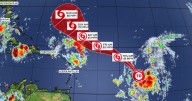 Maps show the forecast track of Tropical Storm Gabrielle, the 7th named storm of the 2025 Atlantic hurricane season