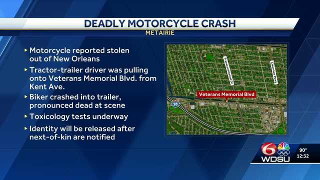 JPSO: Person riding stolen motorcycle killed after striking tractor trailer in Metairie