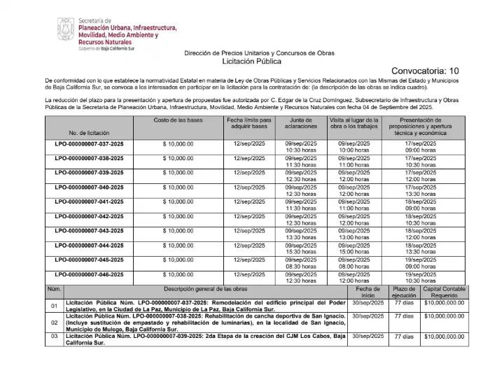 Convocatoria Dirección de Precios Unitarios y Concursos de Obras