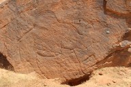 Ancient Arabian desert rock art showing camels marked water sources