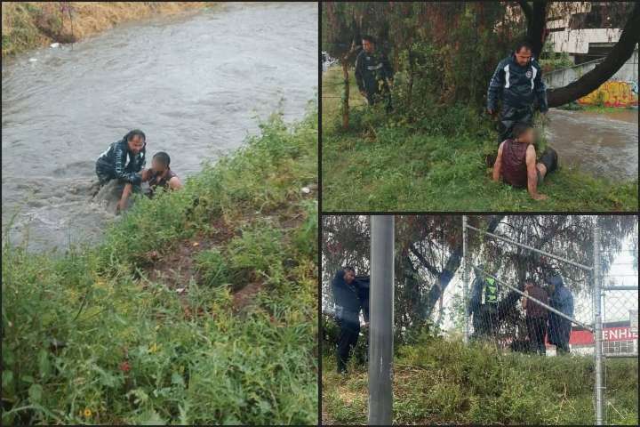 Lluvia provoca caída de un joven en dren frente a Galerías Pachuca; bomberos lo rescatan