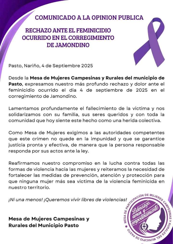 Feminicidio en zona rural de Pasto evidencia urgencia de políticas de protección