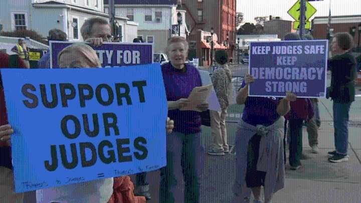 Rally for judge safety held at Medford, MA Justice Jackson event