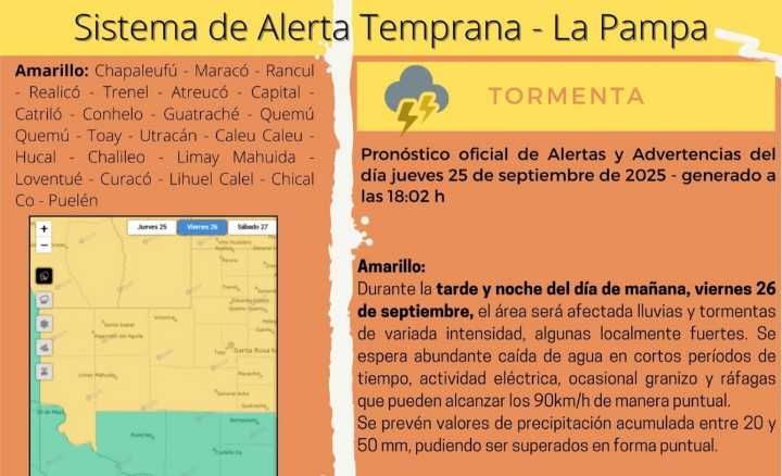 Emiten alerta amarillo por tormentas para gran parte de La Pampa