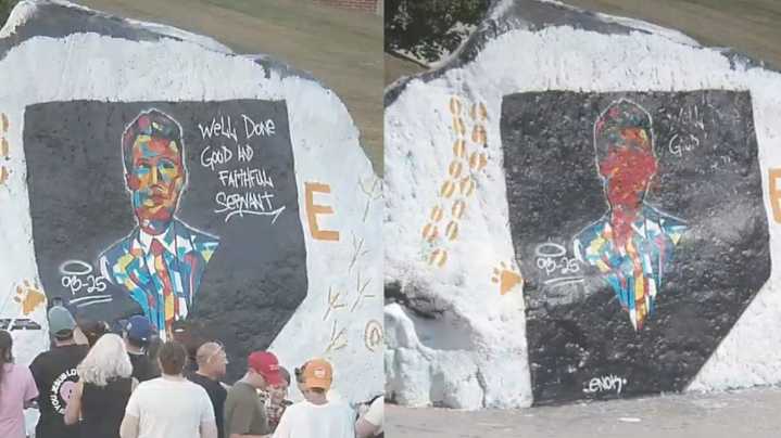 Charlie Kirk mural on 'The Rock' on UT's campus defaced