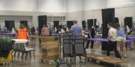 Volunteers preparing for free dental care clinic