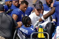 Giants' Malik Nabers carted off against Chargers with knee injury