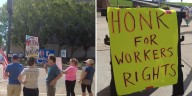 Protesters gather in Alexandria over what they call a ‘billionaire takeover of America’