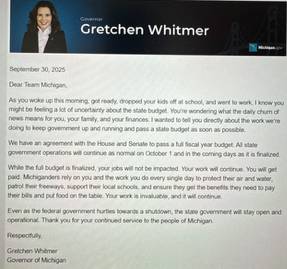 Governor Whitmer says state government operations will continue while budget is finalized