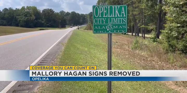 Signs acknowledging Former Miss America Mallory Hagan removed in Opelika