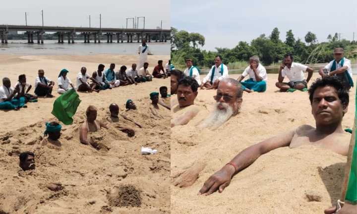 Farmers 'bury' themselves in Cauvery river bed in protest for various demands