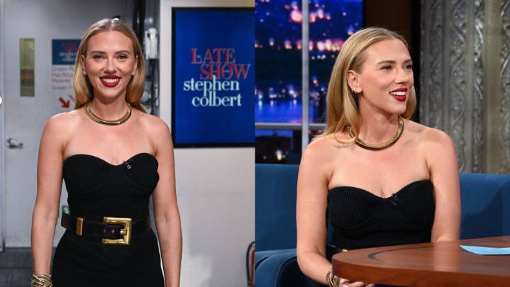 Scarlett Johansson Styles Statement Belt in Balmain on Stephen Colbert