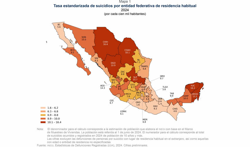 Aguascalientes, Tercer Lugar en Suicidios en 2024: Inegi