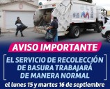 Personal de recolección de residuos trabajará de forma regular el 15 y 16 de septiembre
