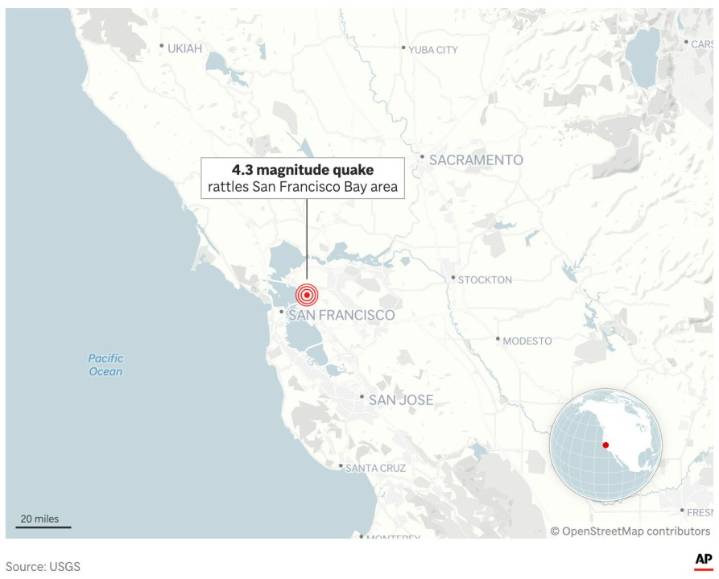 4.3 magnitude earthquake jolts the San Francisco Bay Area and people report feeling a sharp shake