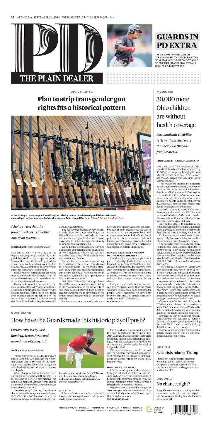 The Plain Dealer’s front page for September 24, 2025