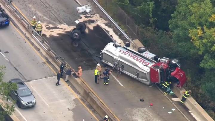 Overturned tanker truck spills diesel fuel on Route 1 in Delco