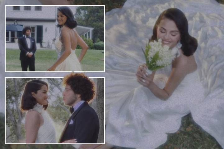 Selena Gomez stuns in backless wedding dress as she kisses husband Benny Blanco after marrying at A