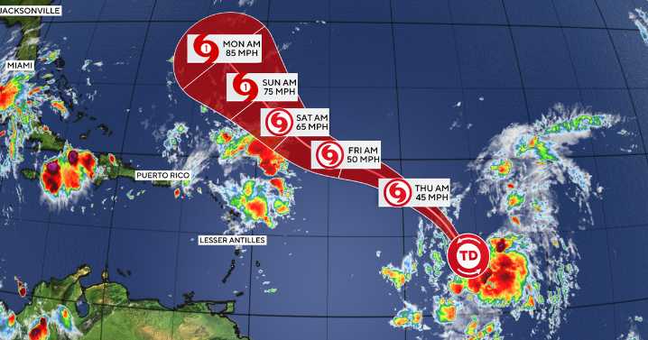 Maps show the forecast track of Tropical Storm Gabrielle, the 7th named storm of the 2025 Atlantic hurricane season