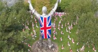 The Midland traffic island crammed with flags including huge one off 40ft statue