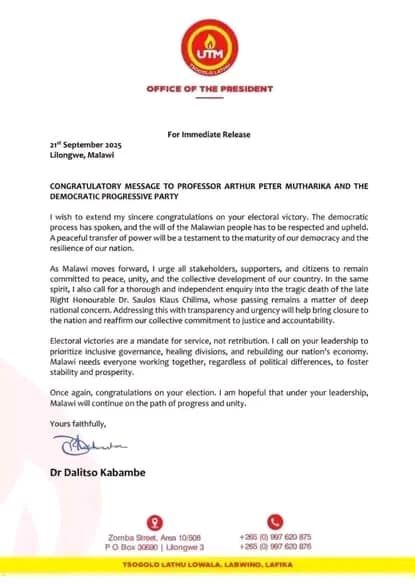 Kabambe Concedes Defeat, Congratulates Mutharika on His Lead