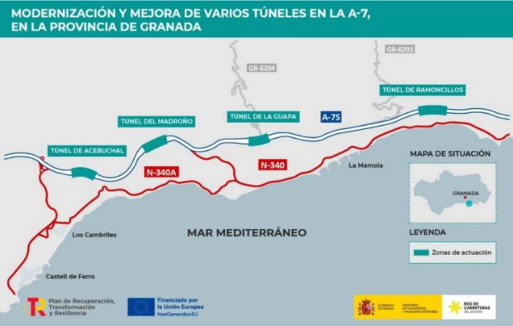 Cortes de tráfico en la A-7 del 11 de septiembre al 30 de octubre por obras en cuatro túneles de la costa granadina oriental