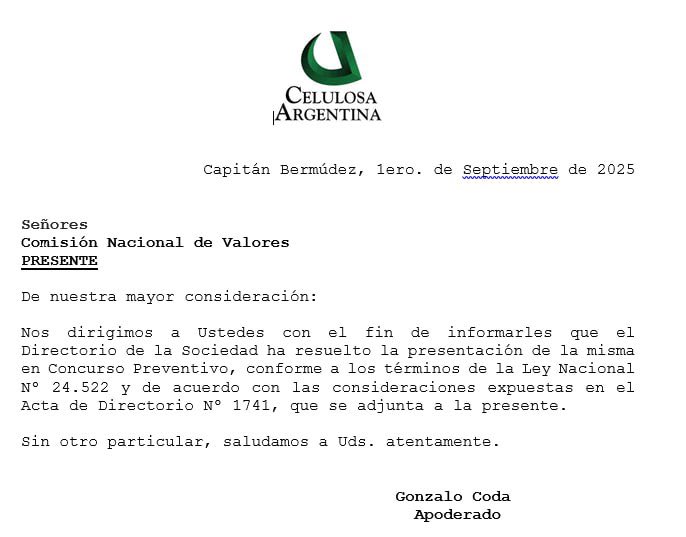 La papelera Celulosa Argentina se presenta en concurso preventivo de acreedores